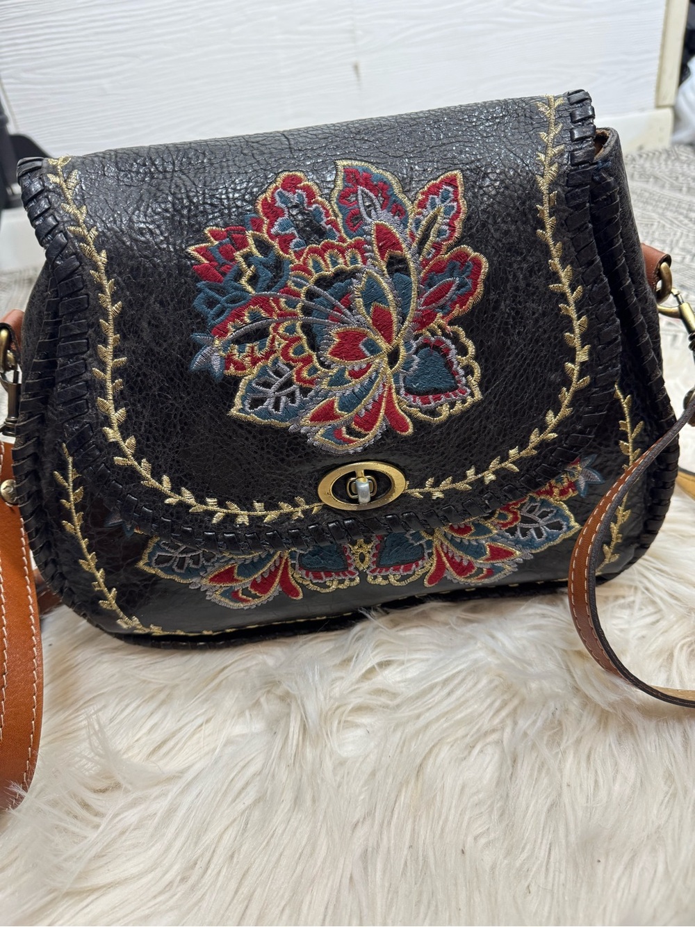 Patricia Nash Arezzo Saddle Bag with Floral Embroidery Crossbody Bag Black - Picture 3 of 15